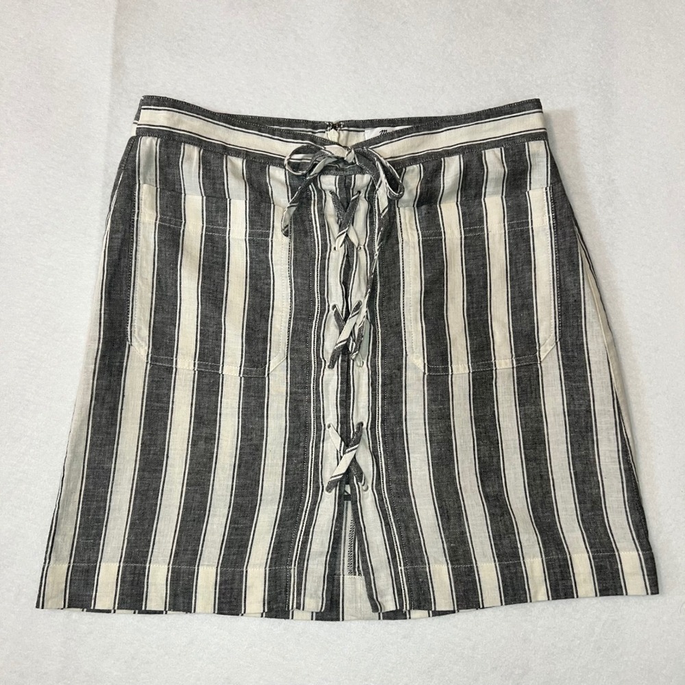 Madewell Striped Lace Up Boho Cottagecore Mini Skirt Black Strip Linen Bld Sz 0